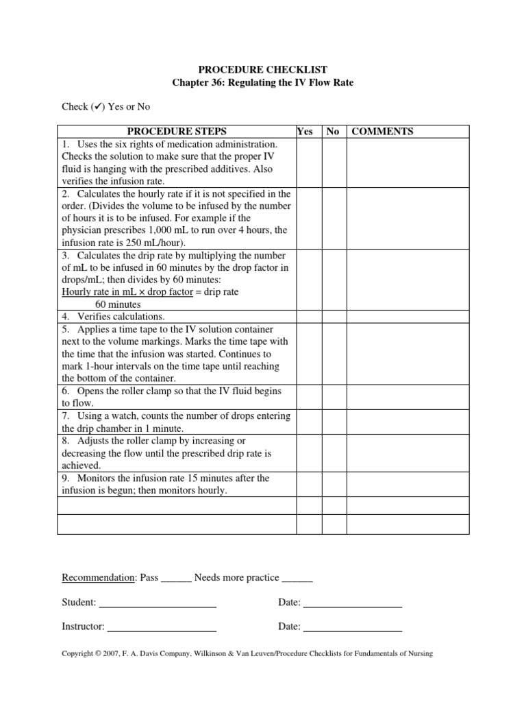 Procedure Checklist Chapter 36: Regulating The IV Flow Rate | PDF ...