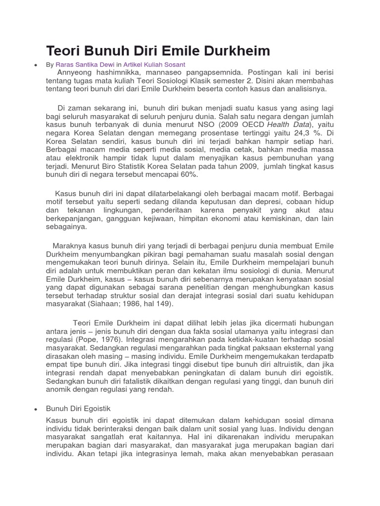 Teori Bunuh Diri Emile Durkheim | PDF