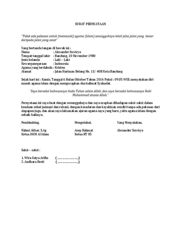 Contoh Surat Masuk Islam