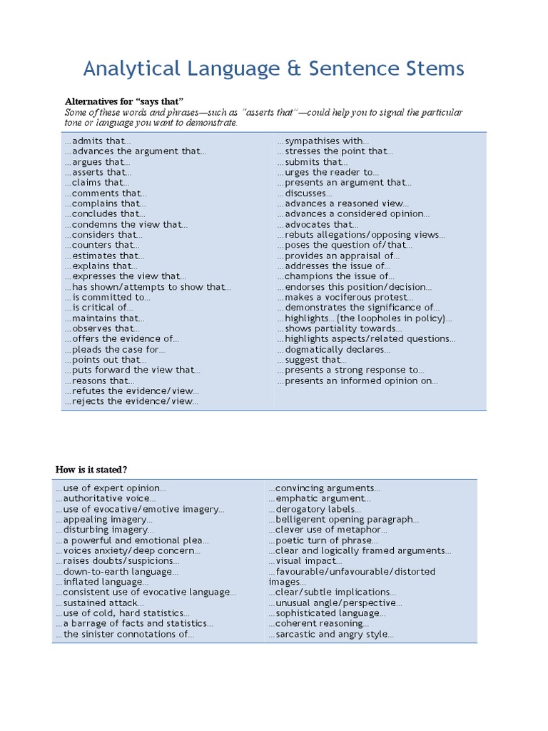 Analytical Language & Sentence Stems Guide | PDF | Argument | Reason