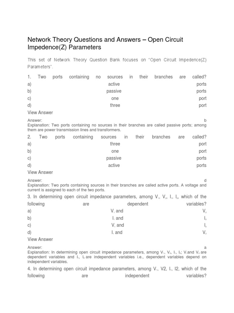 Network Theory Questions and Answers Electrical Impedance