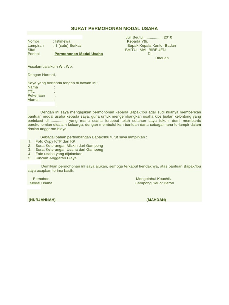 Surat Permohonan Modal Usaha