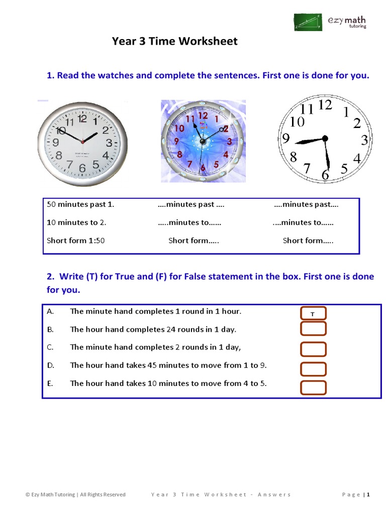 Year 3 Time Worksheet PDF