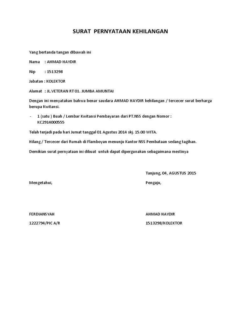 Surat Pernyataan Kehilangan Kwitansi 