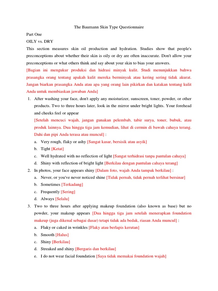 The Baumann Skin Type Questionnaire PDF Dermatitis Integumentary