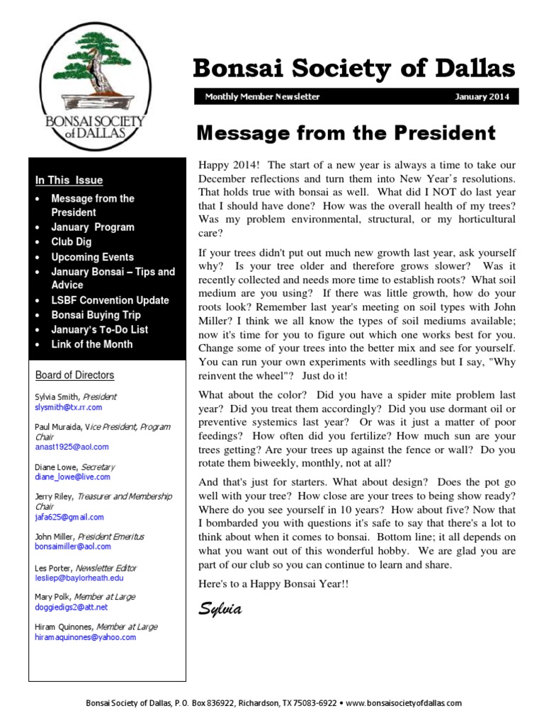 January 2014 Bonsai Society Newsletter | PDF | Trees | Bonsai