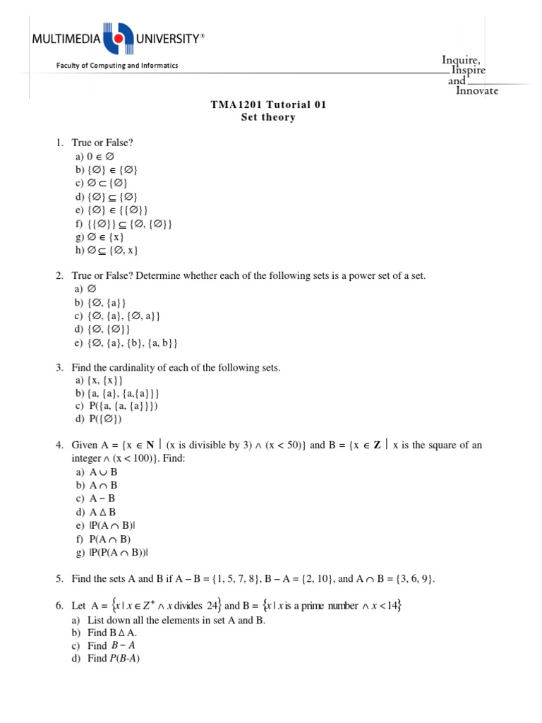 Tutorial 01 Set Theory | PDF | Teaching Methods & Materials | Science ...