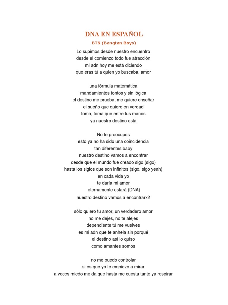 BTS DNA Letra Español PDF