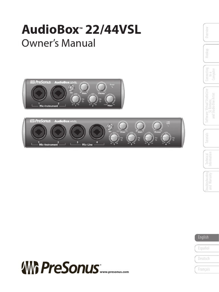 Presonus AudioBox 22/44 VSL Manual PDF Microphone Ac Power Plugs