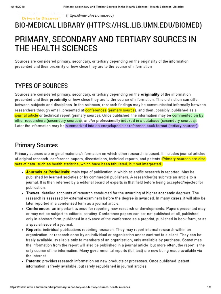 Primary, Secondary and Tertiary Sources in The Health Sciences | PDF ...