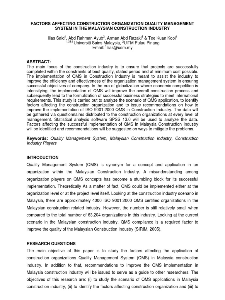 Factors Influencing QMS in Malaysian Construction | PDF | Quality ...