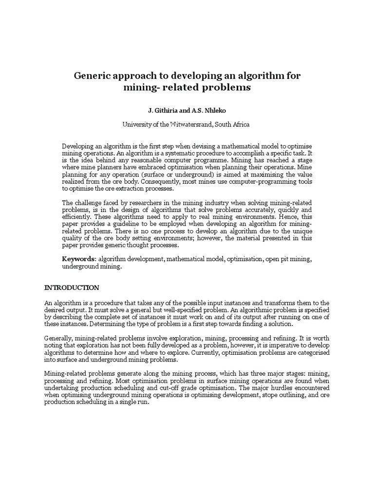 Generic Approach To Developing An Algorithm For Mining-Related Problems ...
