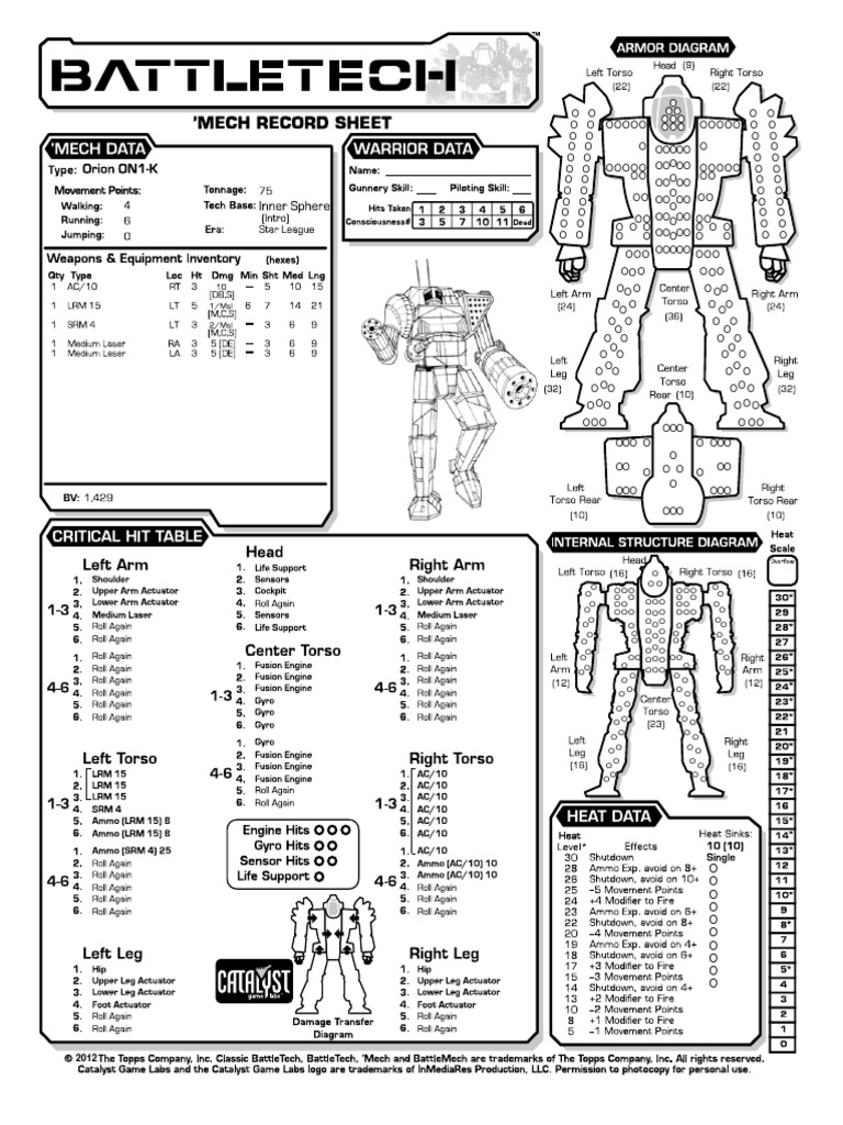 Battletech Orion Record Sheet | PDF
