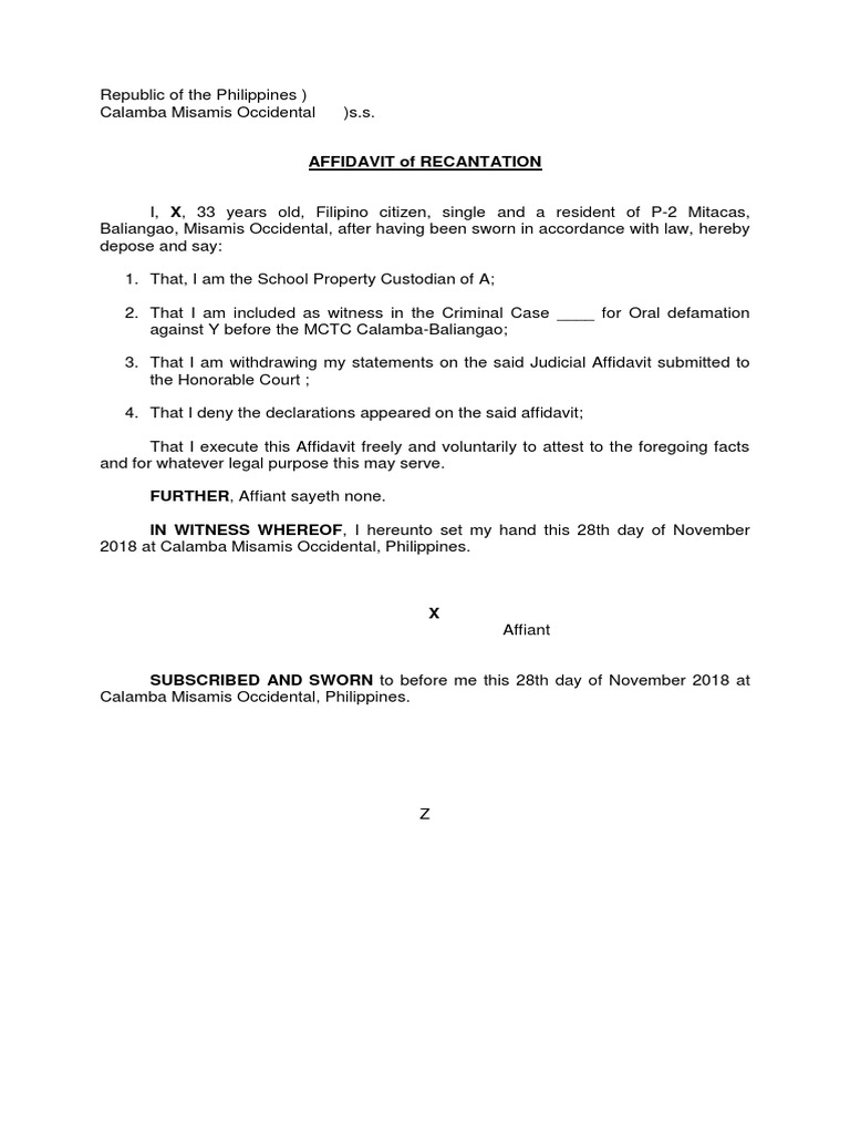 Affidavit of Recantation Sample | PDF