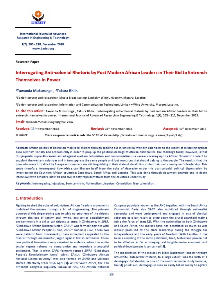 Interrogating Anti - Colonial Rhetoric by Post Modern African Leaders ...