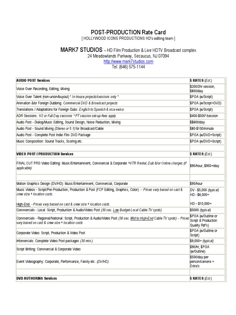 Post-Production Rate Card Overview | PDF | Filmmaking | High Definition ...