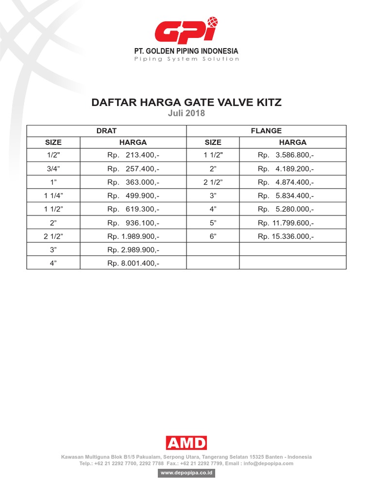 GPI Price List Kitz Gate Valve Juli 2018