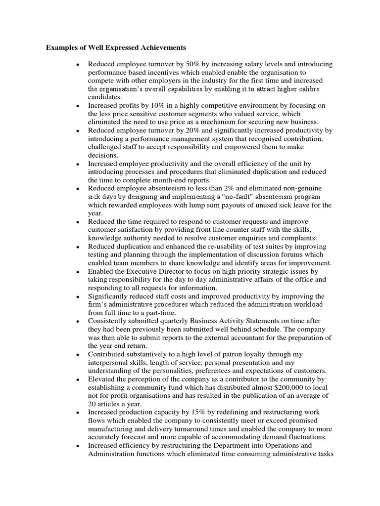 Impactful Achievement Examples for Business | PDF | Turnover ...