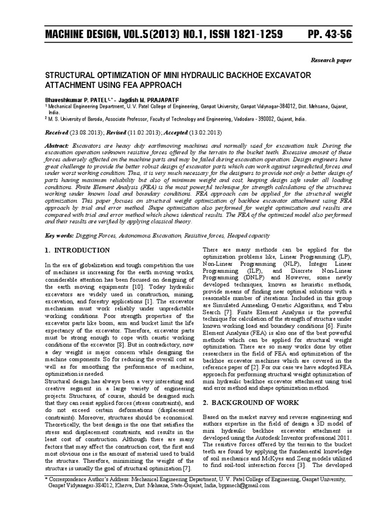 Structural Optimization of Mini Hydraulic Backhoe Excavator | PDF ...