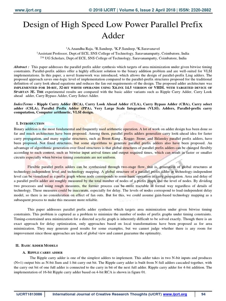 Design of High Speed Low Power Parallel Prefix Adder: 16-, 32 - X 14.5 ...