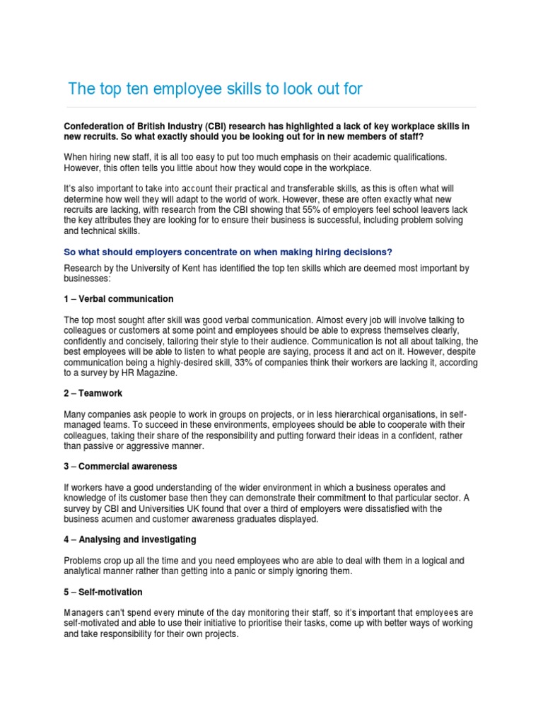 Top Ten Essential Employee Skills | PDF | Leadership | Employment
