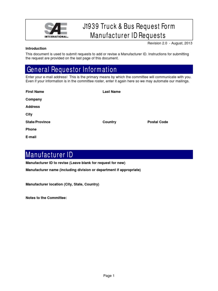 J1939 Manufacturer ID Request Form | PDF | Mail | Document
