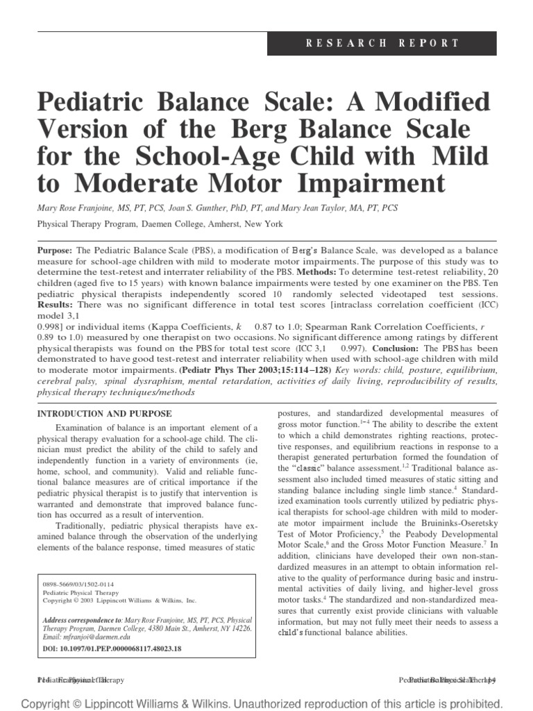 Pediatric Balance Scale A Modified Version of The Berg Balance Scale