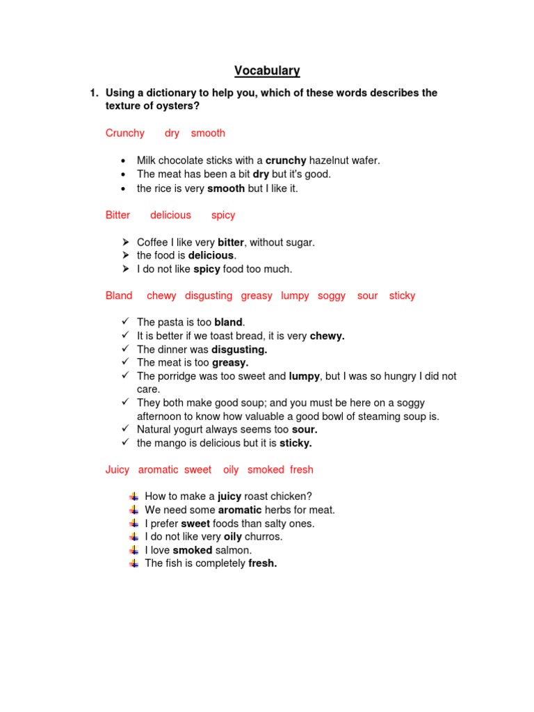 Vocabulary 1. Using A Dictionary To Help You, Which of These Words Describes The Texture of