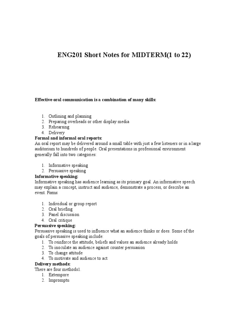 ENG201 Short Notes For MIDTERM (1 To 22) Effective Oral Communication