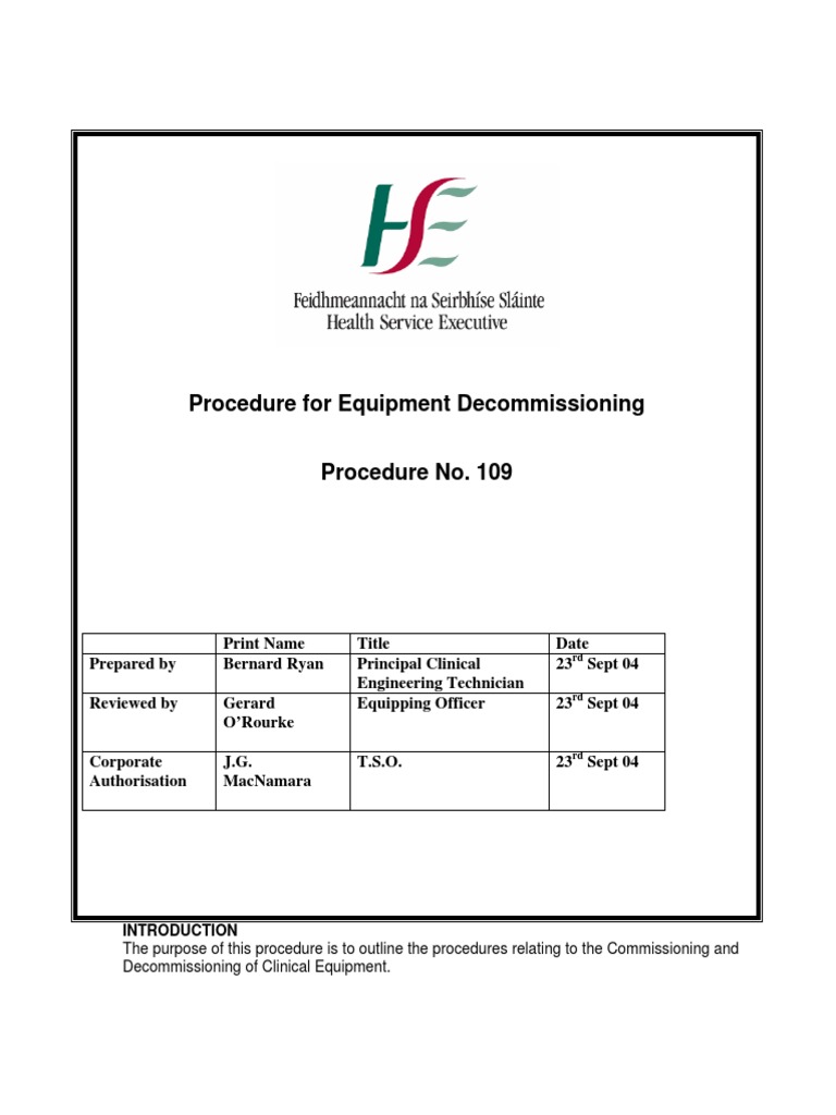Decommissioning Equipment Procedure – GMCRXG