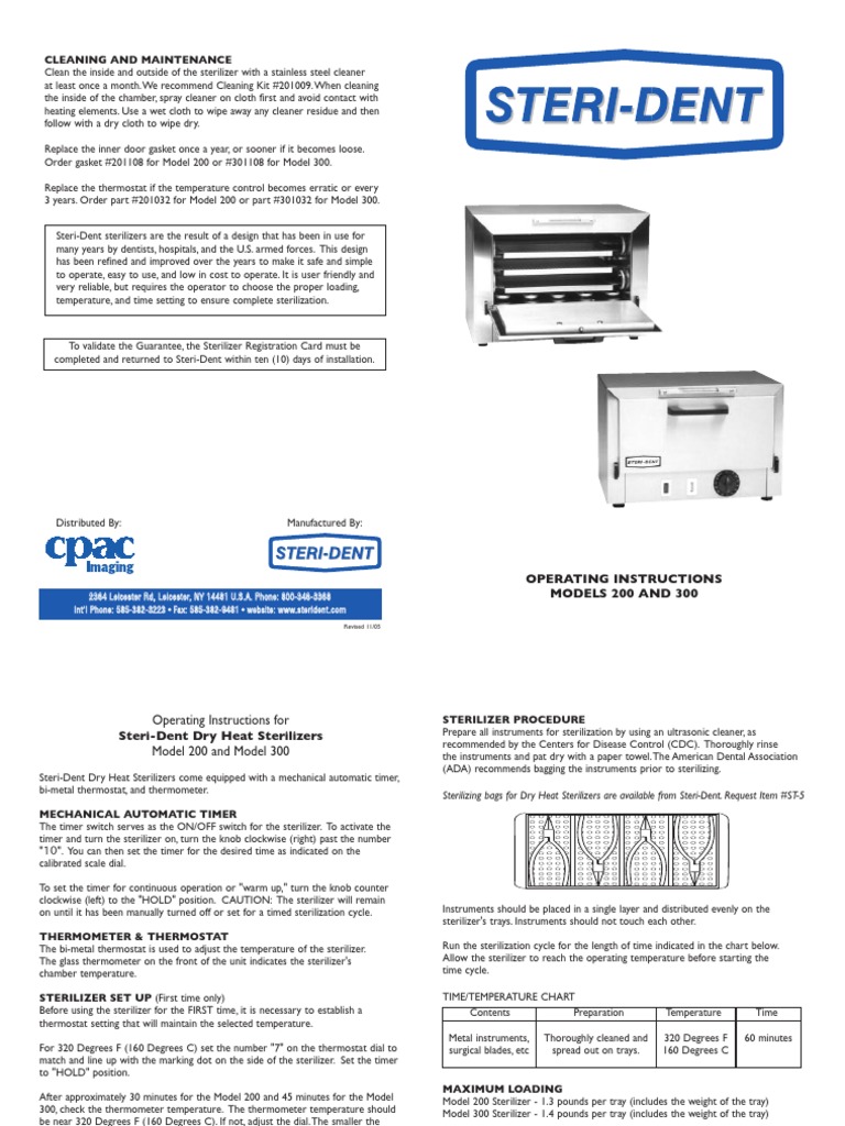 Maintenance and Operating Instructions for Steri-Dent Dry Heat ...