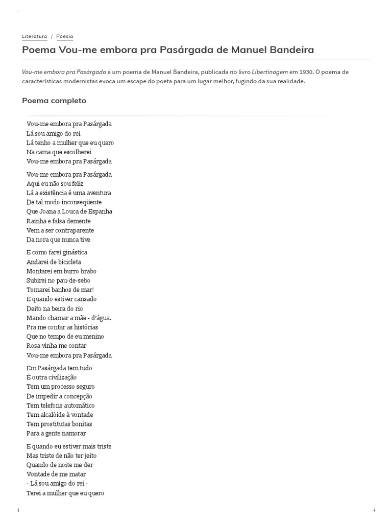 VouMe Embora Pra Pasárgada de Manuel Bandeira PDF Poesia