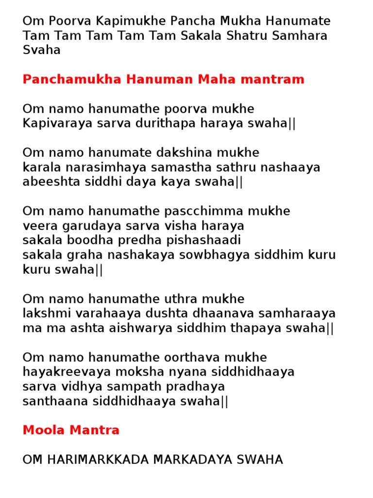 Om Poorva Kapimukhe Pancha Mukha Hanumate Tam Tam Tam Tam Tam Sakala Shatru  Samhara Svaha | PDF | Spirituality | Tantra