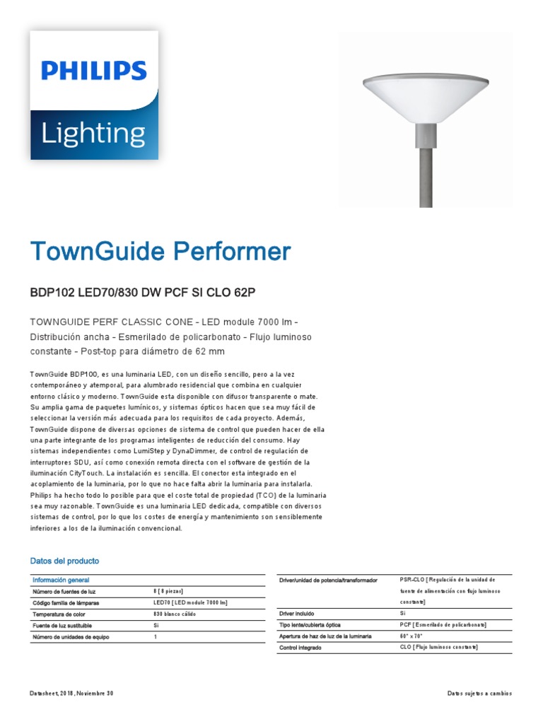 Luminaria TownGuide Performer Philips | PDF | Diodo emisor de luz | Óptica