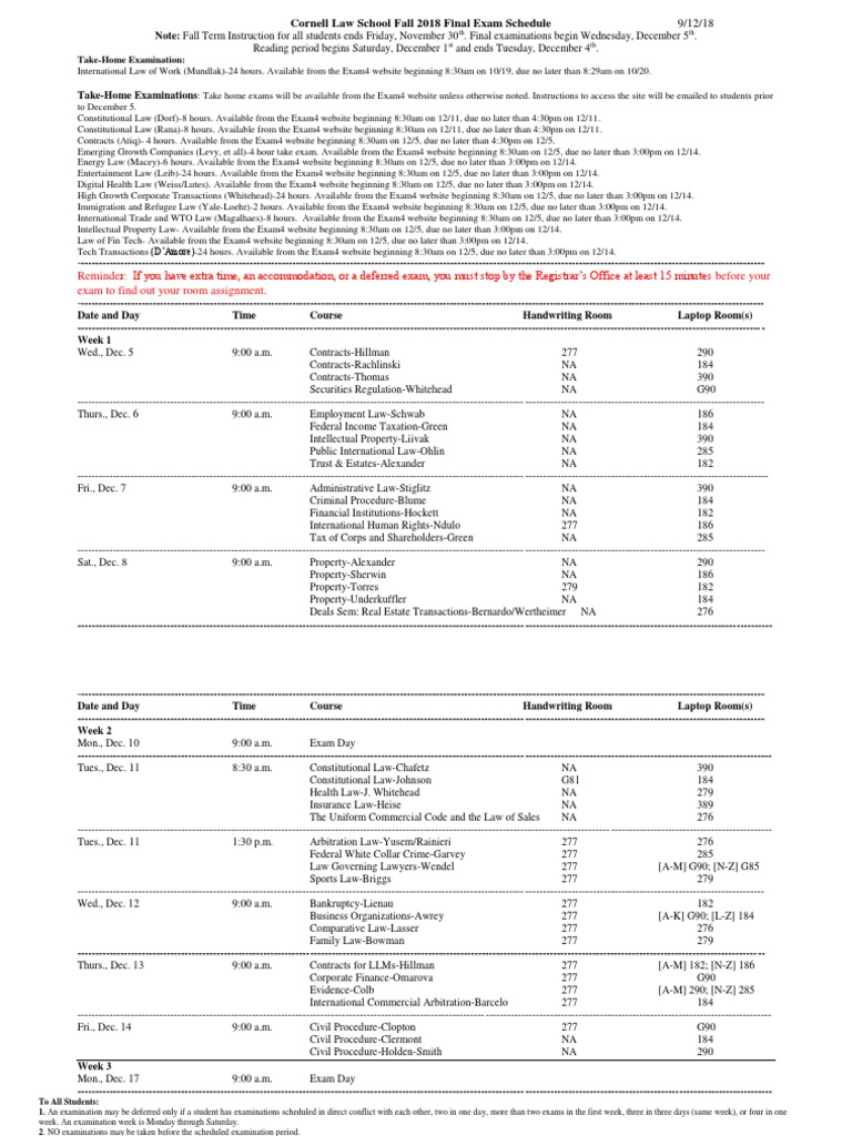 Cornell Law School Fall 2018 Final Exam Schedule PDF Test