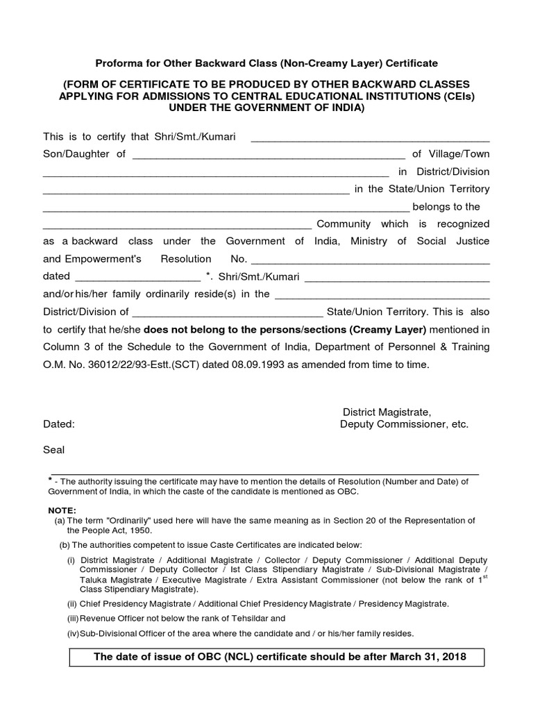 OBC NCL Certificate Proforma for Admissions | PDF | Politics Of India ...