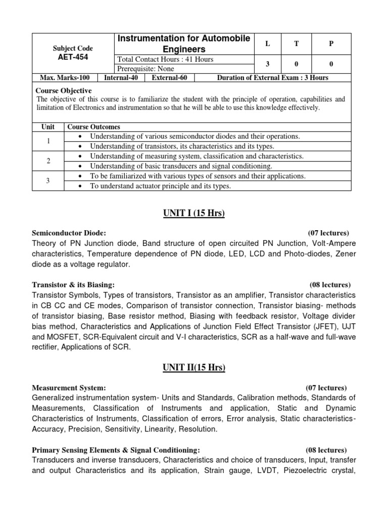 Syllabus Instrumentation For Engineers (AET454) PDF Transistor Sensor
