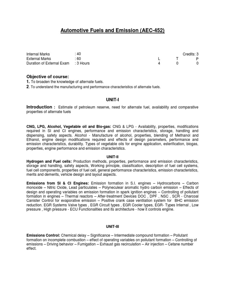 Automotive Fuels and Emission Syllabus PDF Alternative Fuel