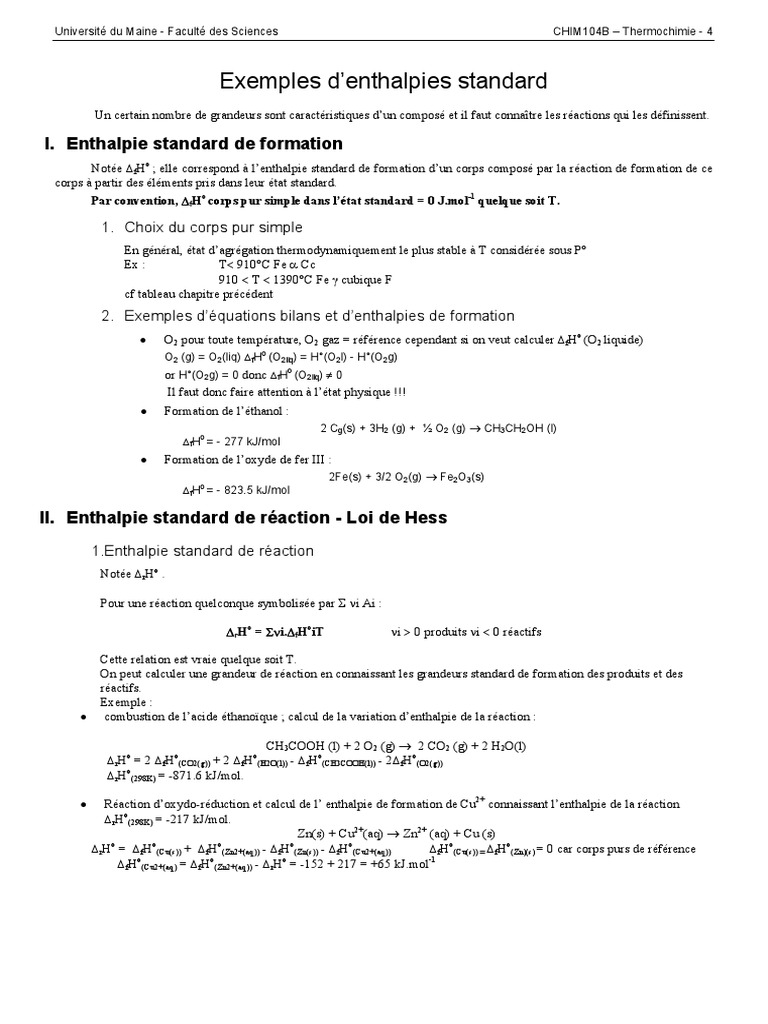 Enthalpies standard et loi de Hess | PDF | Enthalpie de changement d ...