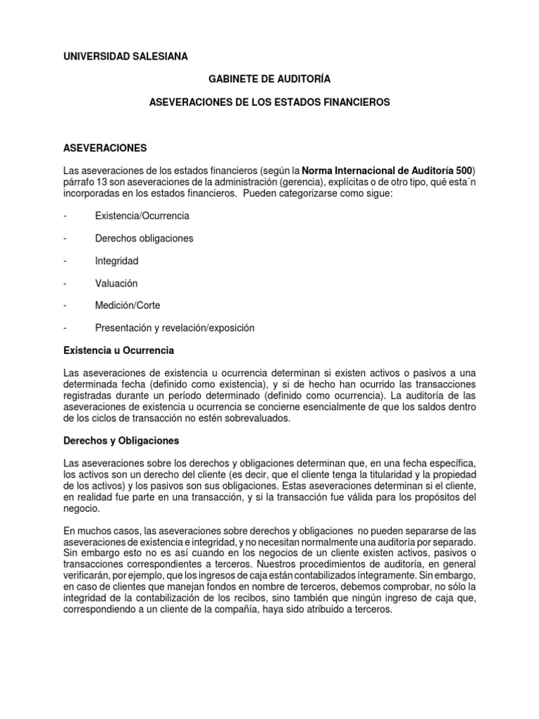 Aseveraciones de Auditoria Valoración de negocios