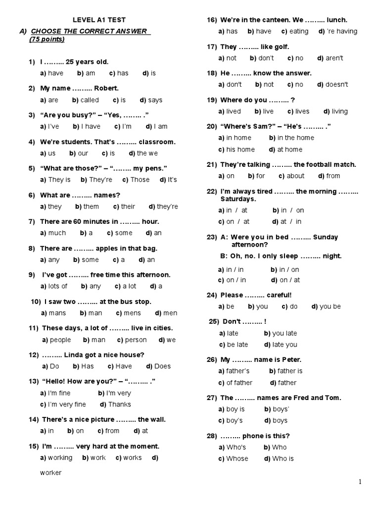 Level A1 English Test PDF PDF Leisure