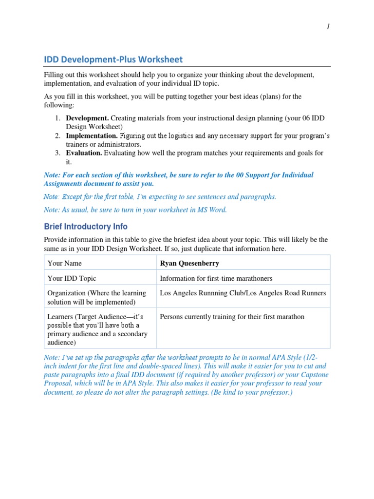 Rquesenberry - 07 Idd Development Plus Worksheet 1 | PDF | Learning ...