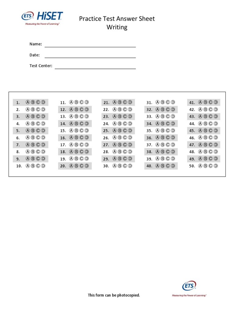 Practice Exam Answer Sheet Blank Writing | PDF