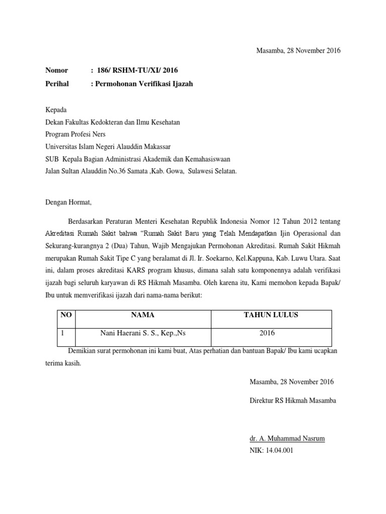 Contoh Surat Keterangan Verifikasi Ijazah