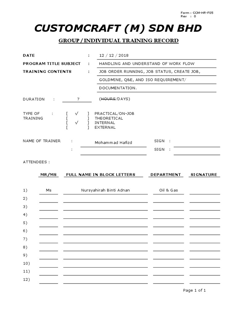 Syahirah Individual Training Rec - CCM-HR-F05 Rev0 | PDF | Business