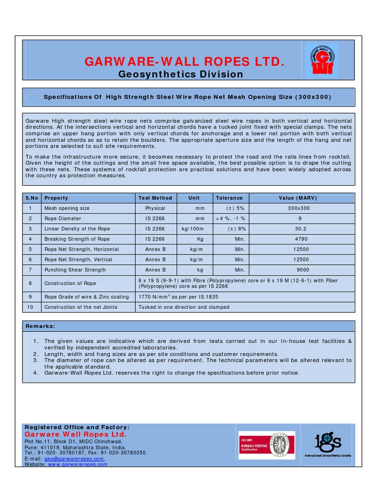 Garware Wire Rope Net Specifications | PDF | Rope | Nature