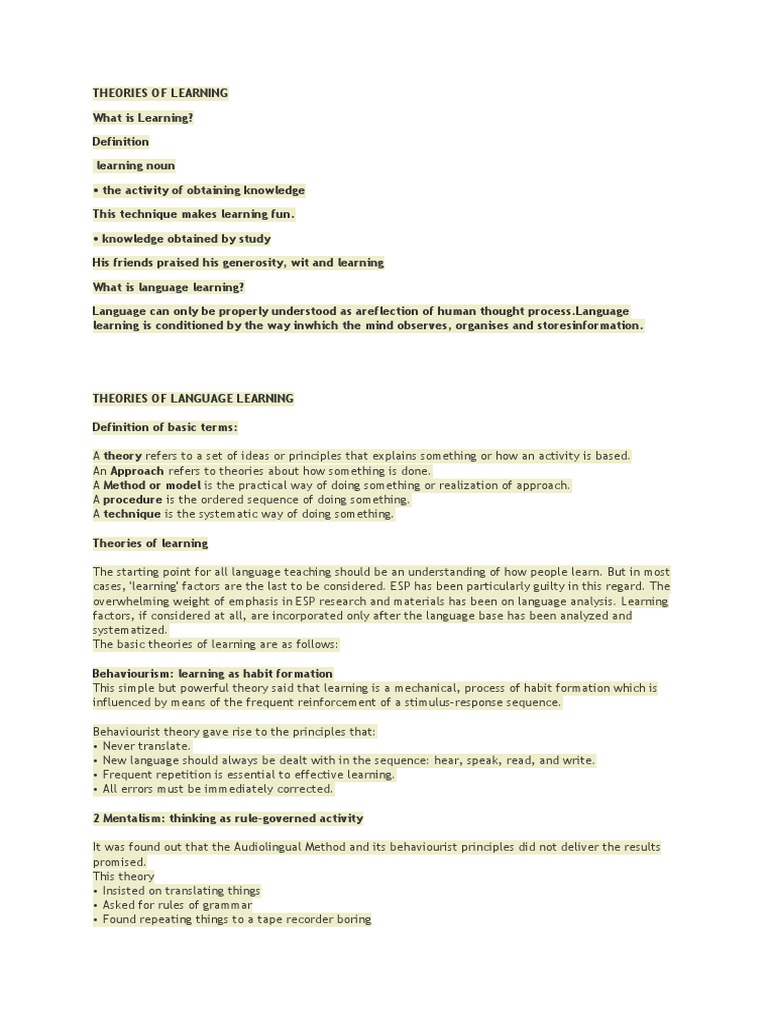 Theories of Language Learning | PDF | Behaviorism | Language Acquisition