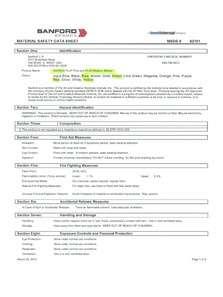 Uni Paint Marker PX20MSDS