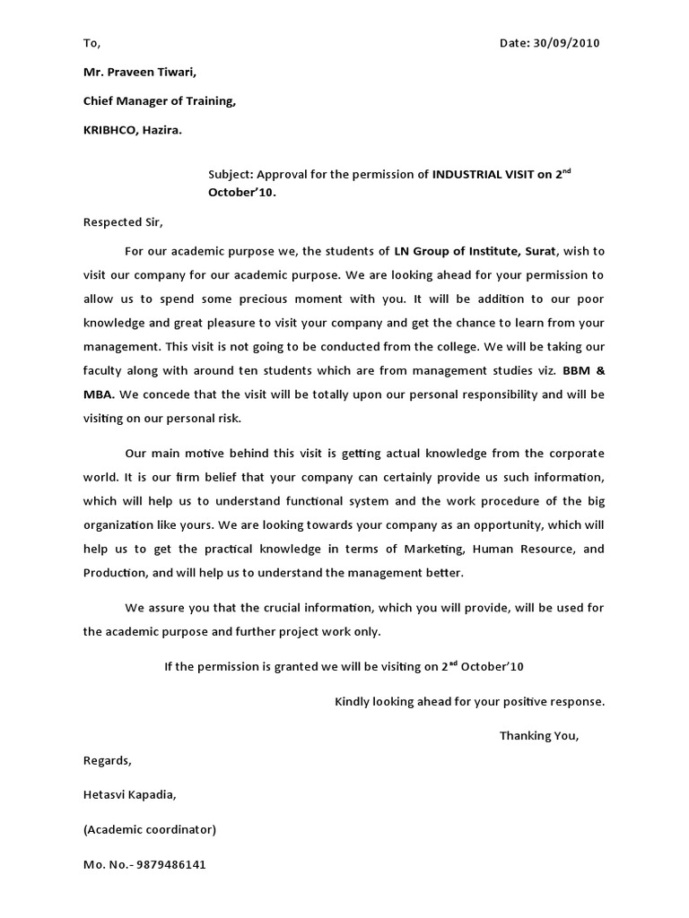 Letter For Industrial Visit