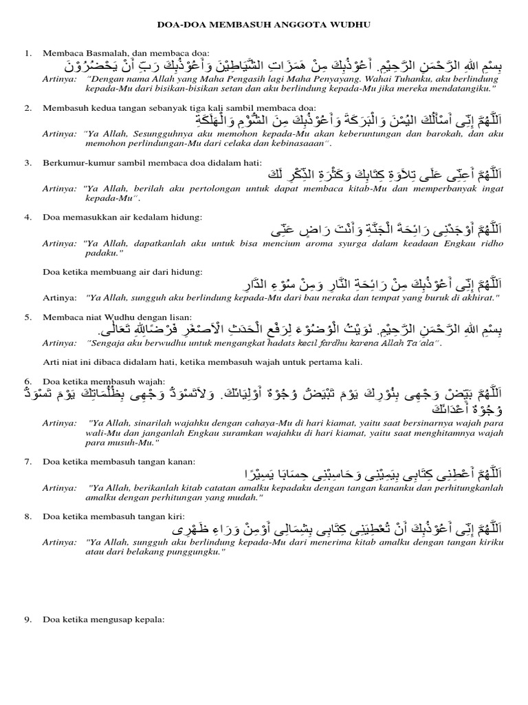 Doa-Doa Bacaan Membasuh Anggota Wudhu | PDF